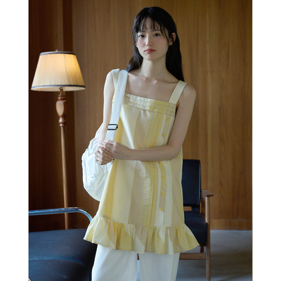 aww 夏日漱石·100%棉荷叶边宽肩带吊带裙黄白拼接设计连衣裙夏季