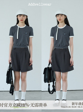 aww 日系大小姐·灰色撞色飘带泡泡袖短袖圆领小上衣