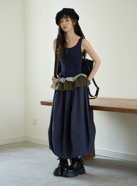 aww 立裁收腰·重工系列撞色拼接吊带气球连衣裙深色