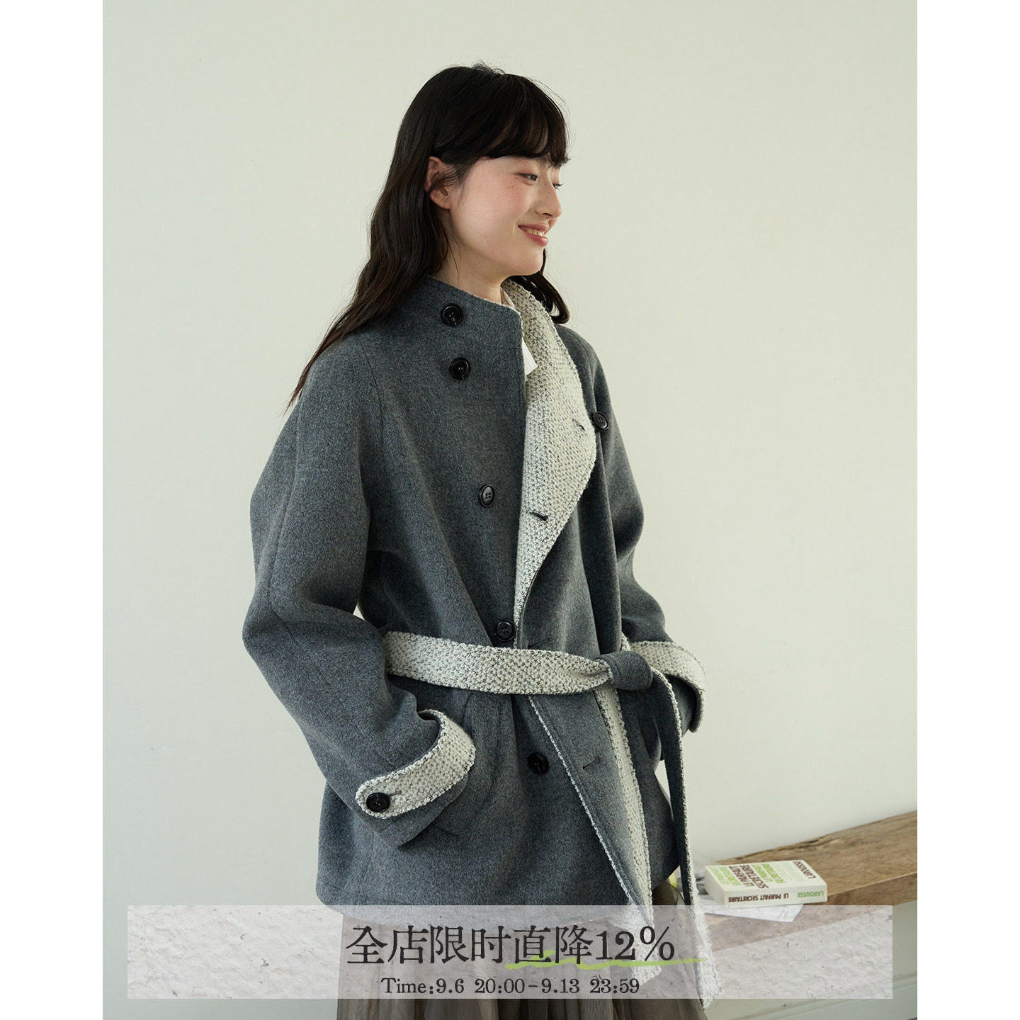 aww 多种穿法·撞色系带立领呢子外套灰色大衣女秋冬可调节腰带图片