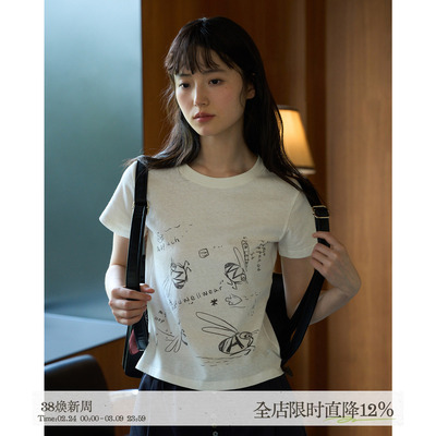 aww 飞来一只小蜜蜂·圆领印花T恤甜酷风短袖字母简约亚麻短上衣