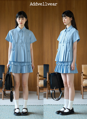 aww 手工制花蓝色礼记·百褶短袖衬衫polo领/百褶半裙套装