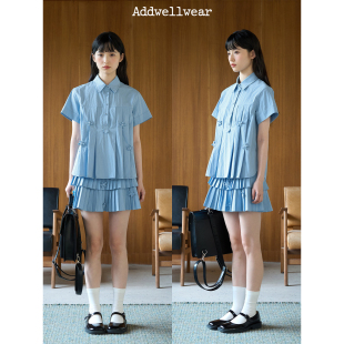 aww 手工制花蓝色礼记·百褶短袖衬衫polo领/百褶半裙套装