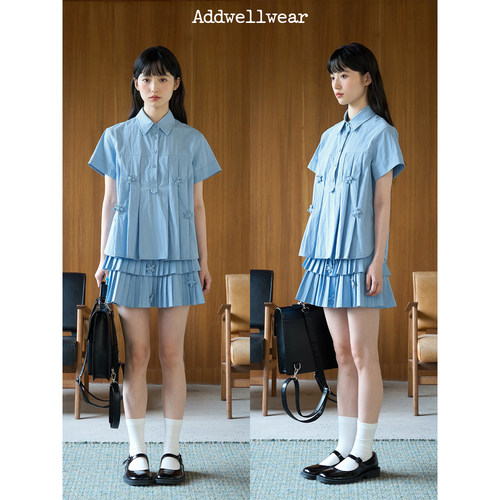 aww 手工制花蓝色礼记·百褶短袖衬衫polo领/百褶半裙套装