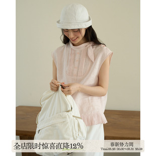 aww 上衣日系复古翻领T恤 纯亚麻褶皱解构·100%亚麻粉色系带无袖