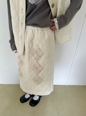 aww 斜裁拼接设计·撞色菱格米白半裙H型裙子加厚秋冬