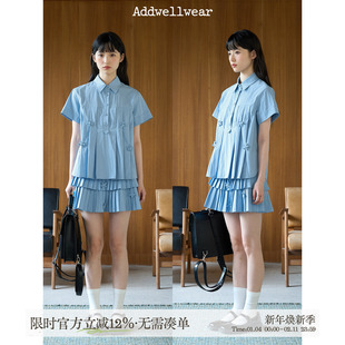 aww 手工制花蓝色礼记·百褶短袖衬衫polo领/百褶半裙套装