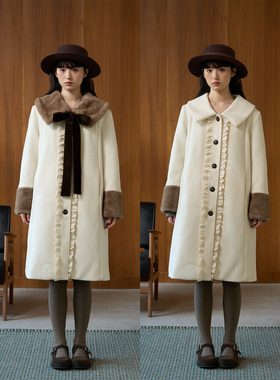aww 可拆卸毛领·米白撞色中长款秋冬外套女秋冬袖口渐变仿貂毛