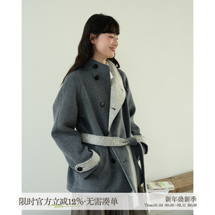 aww 多种穿法·撞色系带立领呢子外套灰色大衣女秋冬可调节腰带