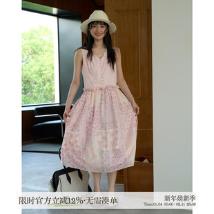 aww 腰间开花花·粉色印花拼接无袖连衣裙夏季仙女长裙