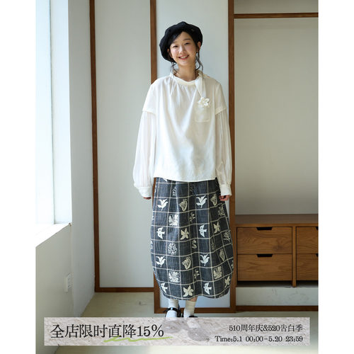 aww 轻盈奶皮感手工花花·翻领系带灯笼袖希塞尔手工刺绣长袖衬衫