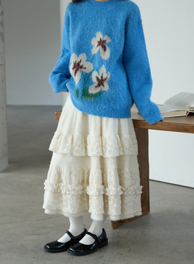 aww 重工多层·白色蕾丝蛋糕裙毛茸茸荷叶边中长款半裙松紧腰设计