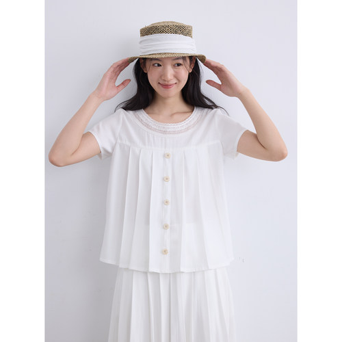 aww 白茶岛·日系蕾丝圆领花边T恤宽松百褶短袖夏季天丝上衣女