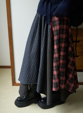 aww 冬日苏格兰·红灰格日系复古撞色半裙含羊毛拼接元素裙子女冬