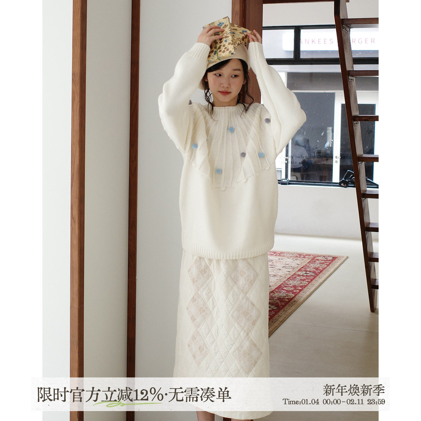 aww 手工毛球&middot;球球套头圆领宽松毛衣羊毛圆领插肩袖上衣