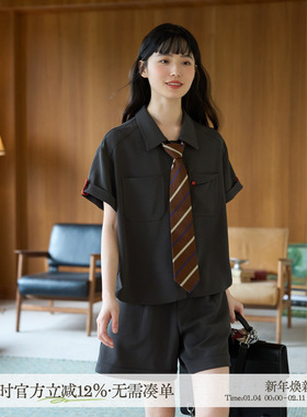 aww 丝滑立裁·灰色凉感休闲日系衬衫短袖简约西装衬衣女带口袋