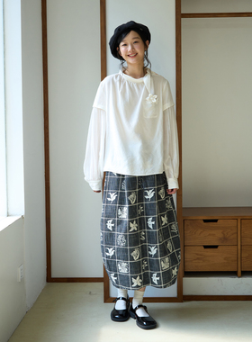 aww 轻盈奶皮感手工花花·翻领系带灯笼袖希塞尔手工刺绣长袖衬衫