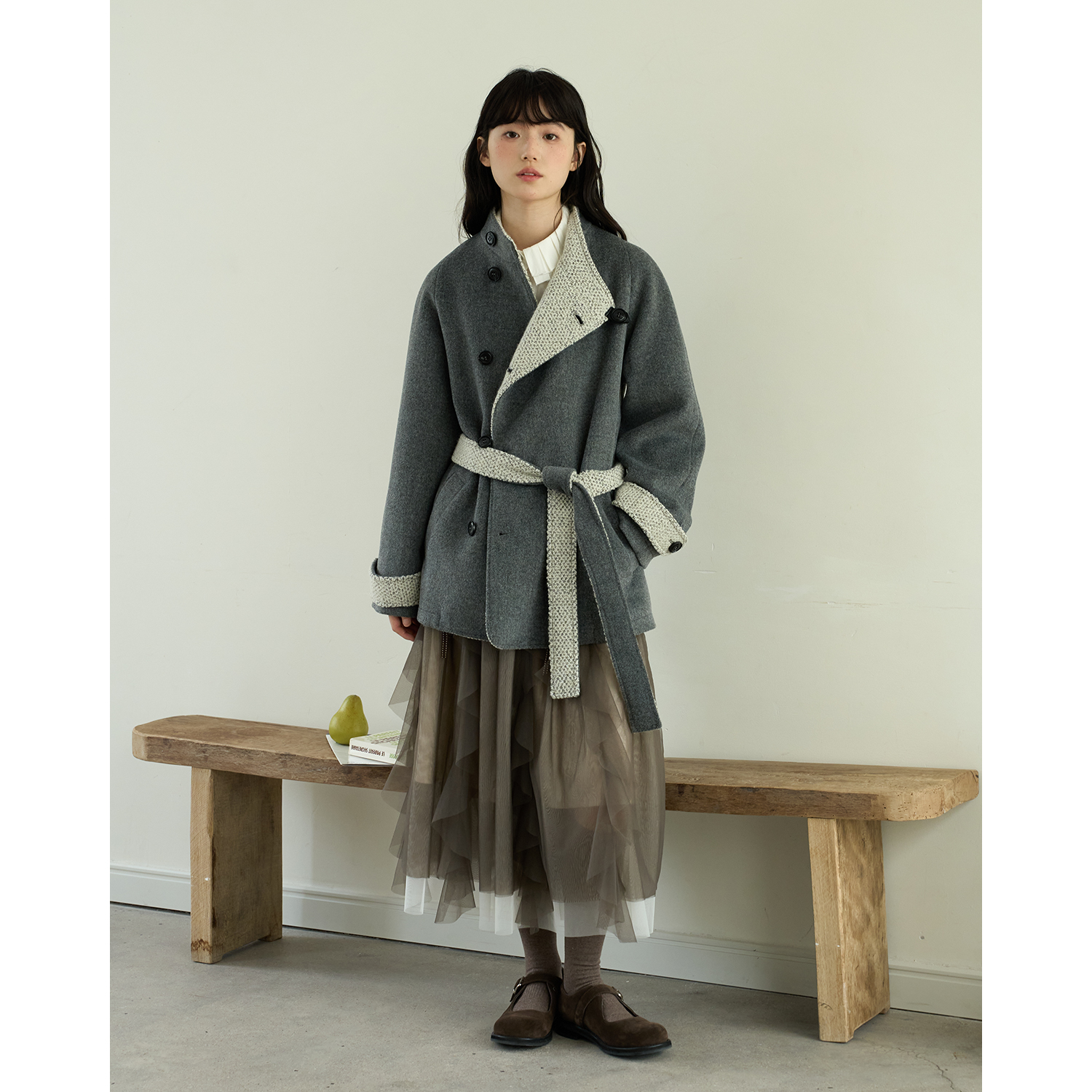 aww 多种穿法·撞色系带立领呢子外套灰色大衣女秋冬可调节腰带