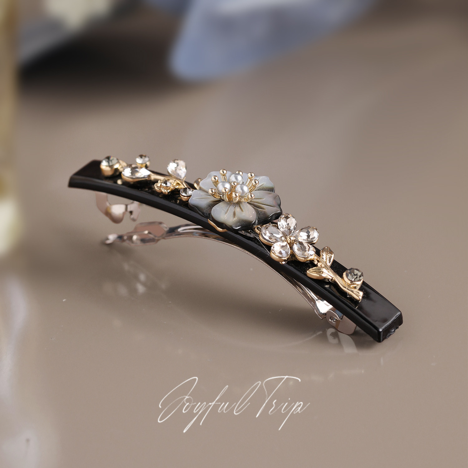 法式轻奢醋酸高级贝母弹簧夹简约复古花朵发夹精致百搭气质头饰女