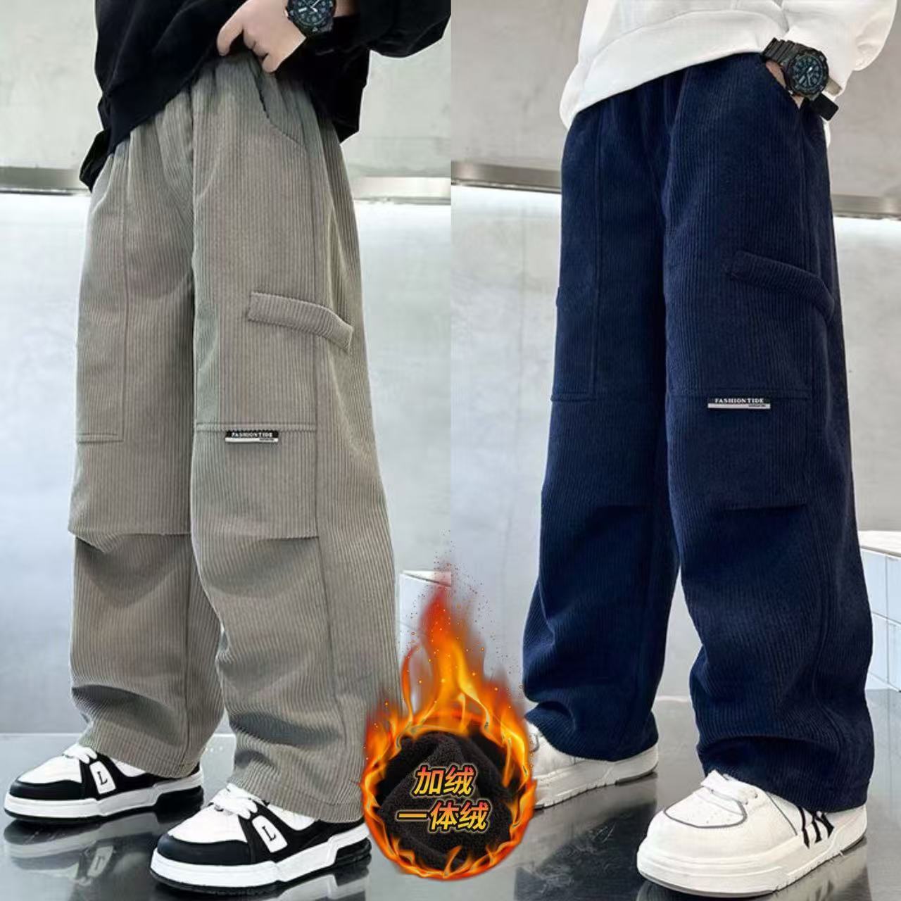 儿童装男童加绒裤子2025新款中大童秋冬款一体运动加厚灯芯绒卫裤