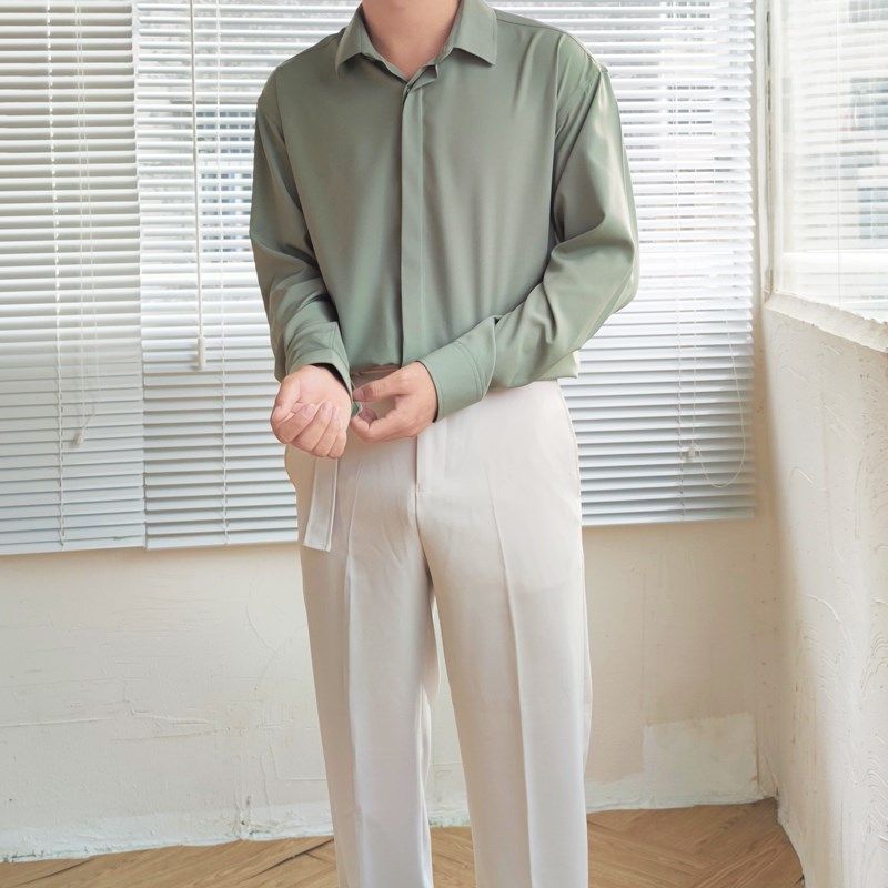 禁欲轻熟韩风宽松雪纺丝s滑垂坠高级感男长袖衬衫免烫抗皱流行内