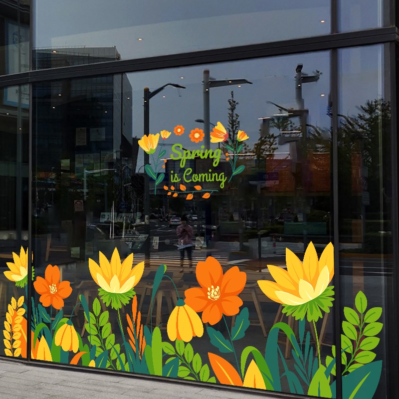 春夏大型彩色花卉植物商场展厅4S店橱窗布Q置免胶静电玻璃贴膜