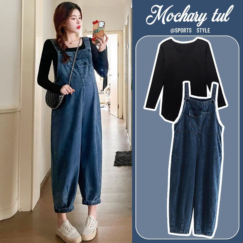 孕妇装春季2024新n款套装时尚洋气牛仔背带裤两件套小个子减龄春