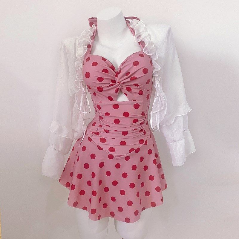 可爱少女连体游泳衣女夏季泡温泉小胸不空杯长袖罩V衫保守遮肉三