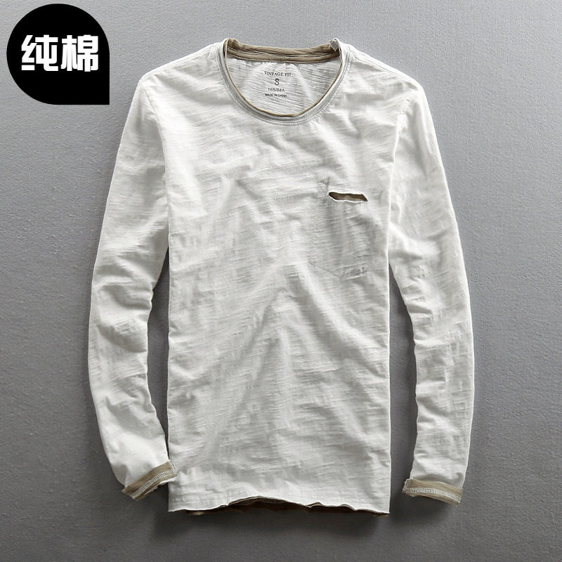 男士竹节棉春秋款假两件纯棉长袖圆D领套头T恤衫柔软毛边领打底衣
