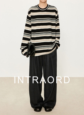INTRAORD JOC同款100%绵羊毛老钱复古港风ins风多彩条纹针织衫