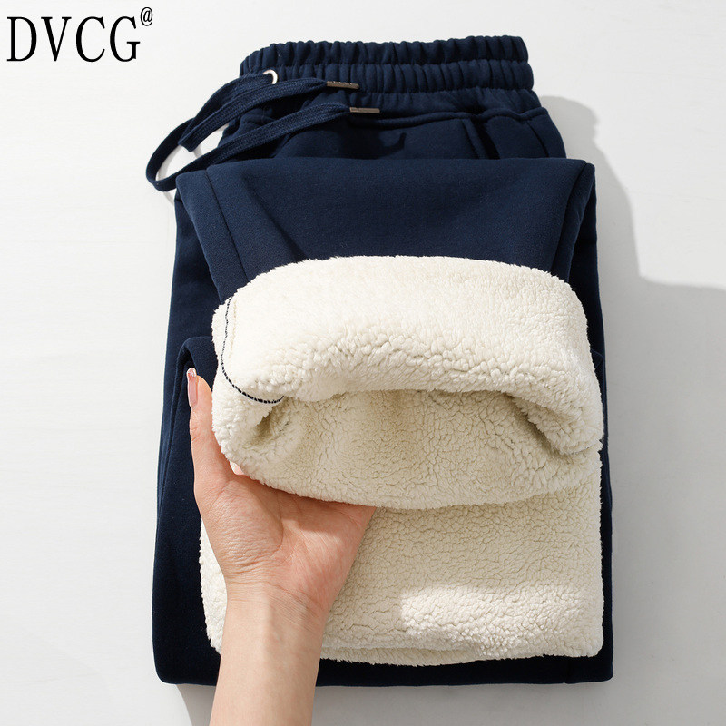 高端羊羔绒直筒保暖卫裤冬季男士藏蓝色加绒加厚纯色休闲运动裤男