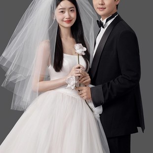 新娘头纱新款韩式简约森系蓬蓬纱超仙多层旅拍道具中长款领证拍照