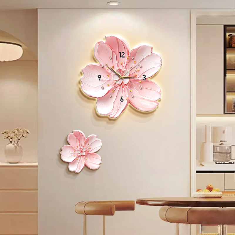 奶油风餐厅装饰画高m级感粉色花卉钟表灯画法式客厅饭厅背景墙挂