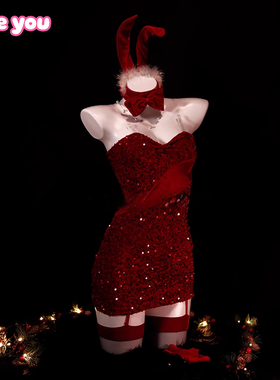 Like You圣诞美神性感诱惑亮片抹胸丝绒连衣裙qqny红色制服内衣女