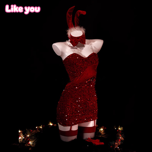 Like You圣诞美神性感诱惑亮片抹胸丝绒连衣裙qqny红色制服内衣女
