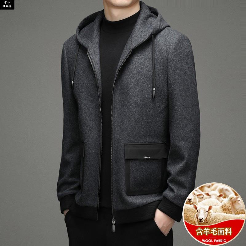 保罗官方毛呢大衣男短款连帽外套冬季加厚双面呢子含羊毛夹克商务
