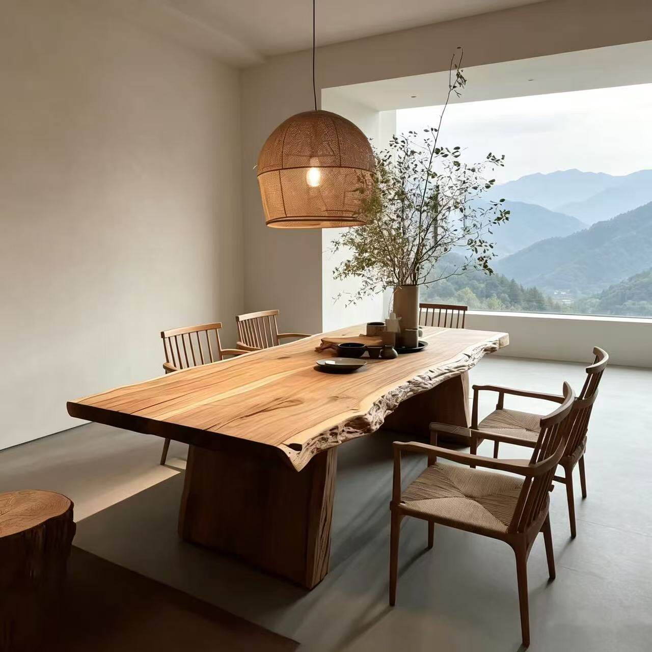 原木大板会议桌美式办公桌子整块实木长条桌侘寂风不规则餐桌茶桌