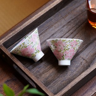 景德镇手绘桃花釉下五彩斗笠杯品茗主人杯茶杯小清新陶瓷功夫茶具