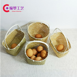 竹编工艺品手提圆形家用编织水果菜篮子手工竹篮竹筐
