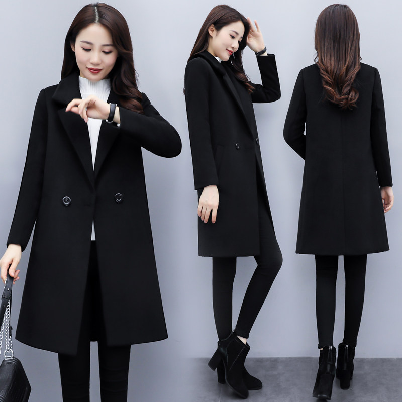 职业呢子大衣女中长版2023新款工作服黑色秋冬加厚小个子毛呢外套