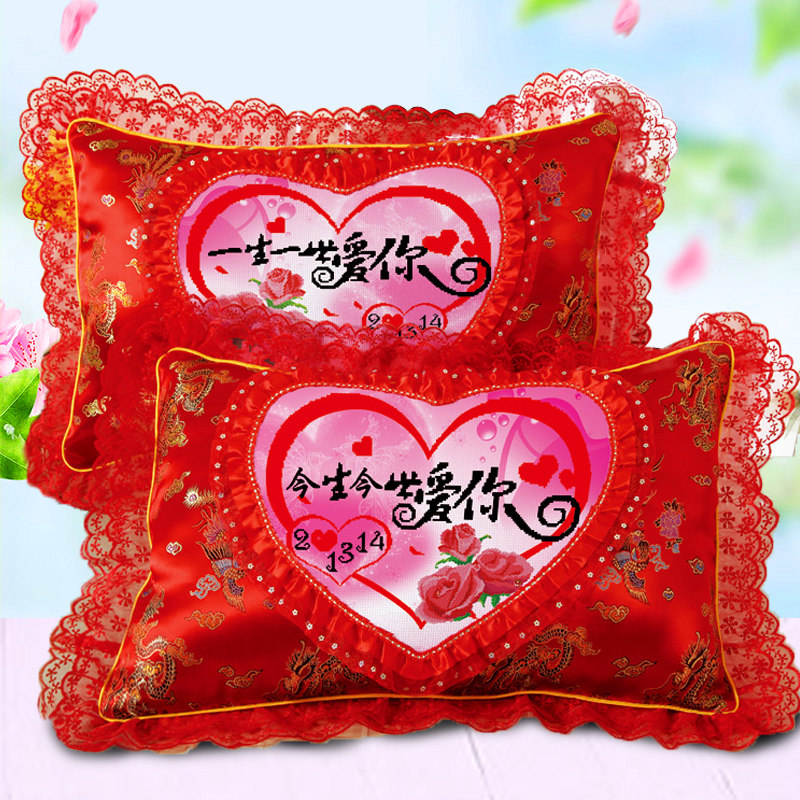 5D印花十字绣枕头套结婚款套件情侣卧室单人枕一对简单绣个性抱枕