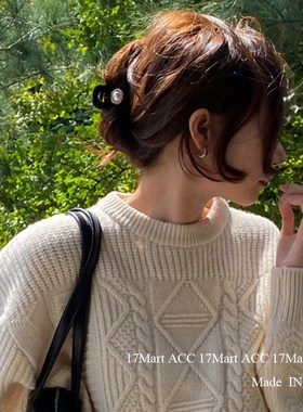 17mart发饰复古黑色丝绒珍珠抓夹优雅后脑勺发抓简约盘发卡子