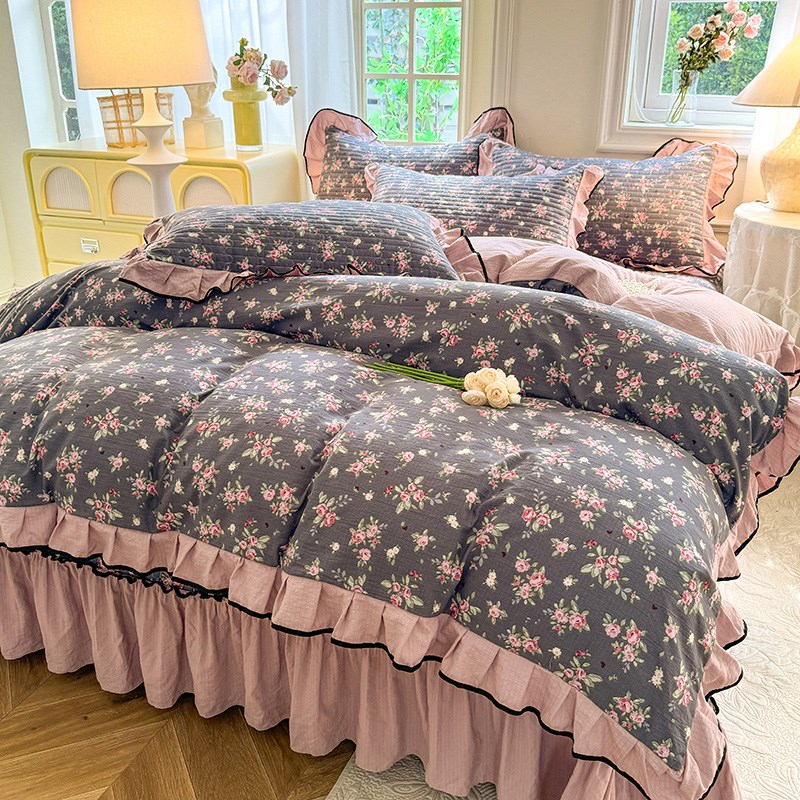 韩式公主风夹棉床盖单件加厚花边款床单榻榻米床垫三件套四季通用