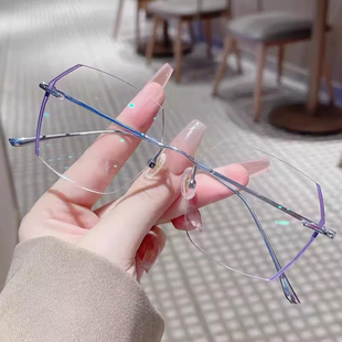 时尚新品纯钛无框近视眼镜男女情侣有可配度数P眼镜框框变色成品