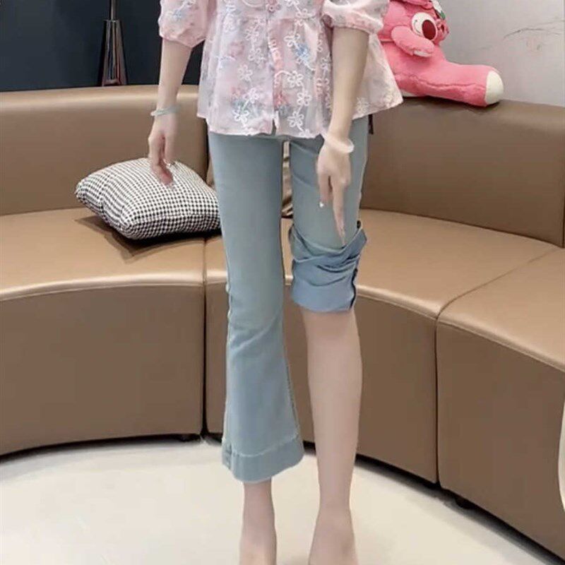 梨形身材秋季弹力薄款烟管牛仔裤女大码高腰显瘦小个子八分微喇裤