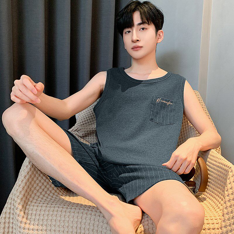 纯棉男士睡衣夏季薄款背心无袖男式短裤套装加大码青少年家居服