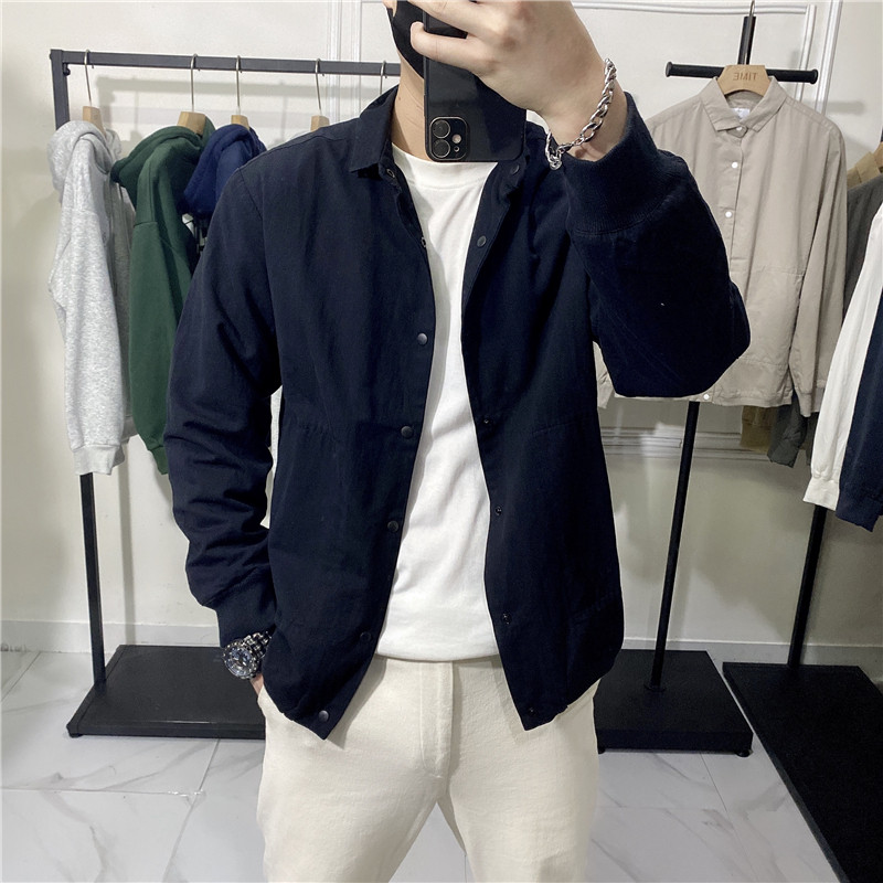 高档春秋季衬衫男长袖休闲纯棉微宽松夹克纯色加绒加厚衬衣外套潮