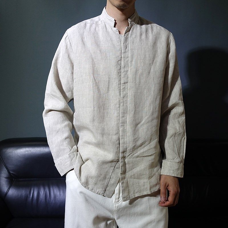 暗扣立领男款纯亚麻衬衫薄款长袖休闲春夏宽松复古衬衣纯色中山装