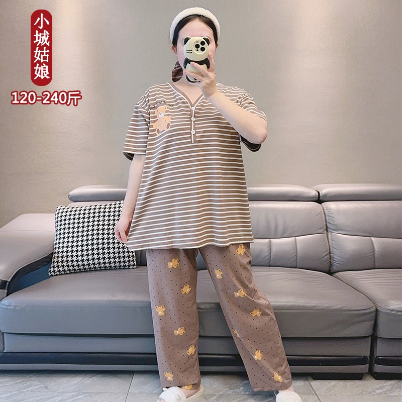 条纹套头短袖长裤胖mmr大码睡衣女夏季纯棉加肥加大宽松家居服套