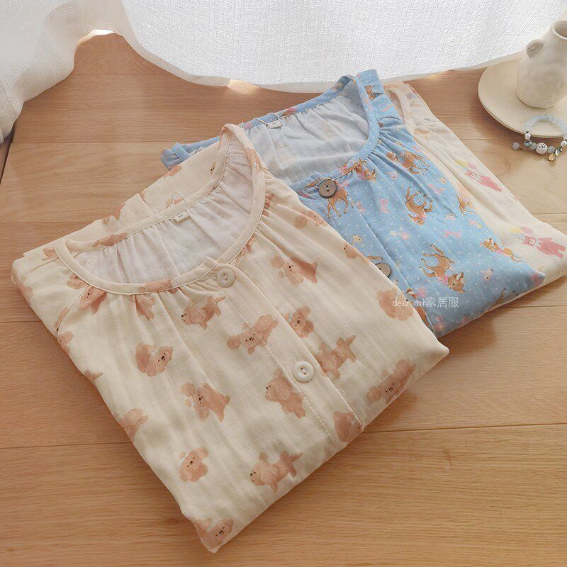 狗狗睡衣女春秋纯棉纱布长袖圆领开衫居家服O睡袍孕妇夏家居服睡